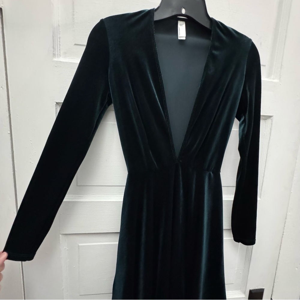 American Apparel Emerald Green Velvet Deep V Skater Dress Small Party - Picture 3 of 9